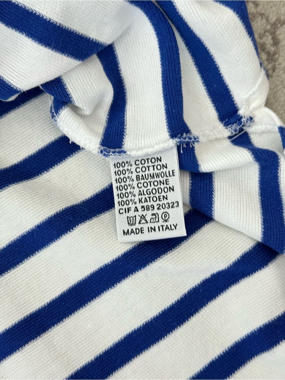 JPG by Gaultier White and Blue Striped Breton Cotton LS T-Shirt - Made in Italy - Picture 6 of 7
